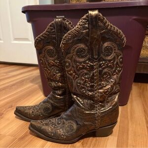 Corral Brown Heeled Boots with Intricate Embroidery